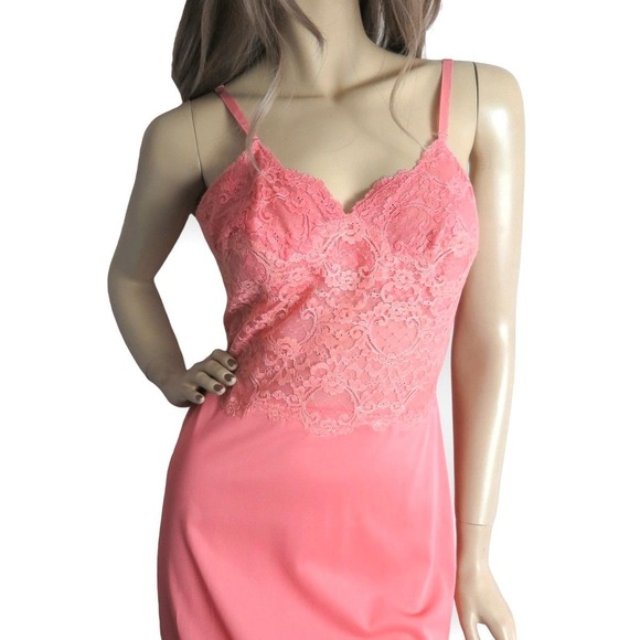 Vintage 1960s Flamingo Pink Lace Slip Dress Small | Fairycore Coquette Lingerie - Picture 6 of 9